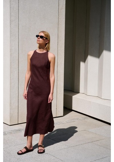 Lniana, brązowa sukienka...